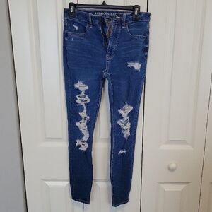 American Eagle Outfitters Women's Dark Blue Ripped Skinny Jeans